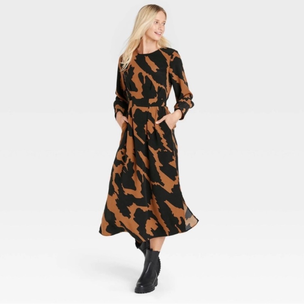 Who what wear long sleeve maxi dresss black tan print dress tie belt pockets